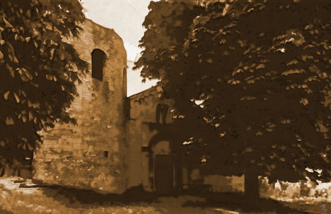 La Pieve di Corsignano, facciata - acquarello seppia